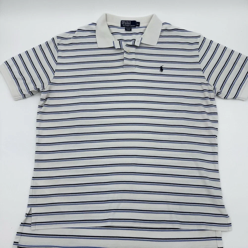 Polo Ralph Lauren Stretch Fit Navy Blue White Striped Polo Shirt Men's‎ XL